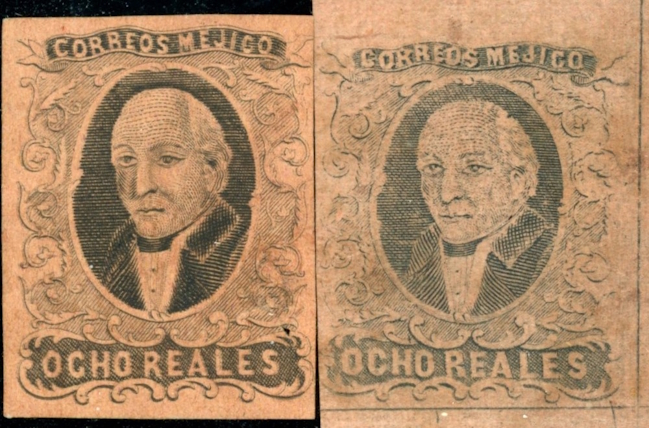 Image of a counterfeit and genuine Hidalgo stamp of 1956