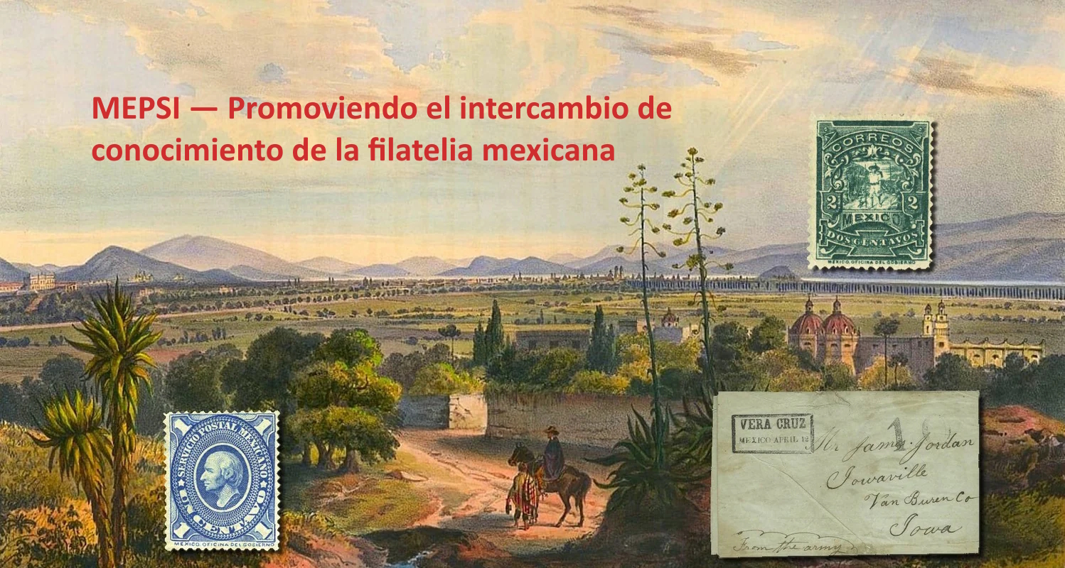Pintura de un paisaje mexicano del siglo XIX con una iglesia y un hombre a caballo que se ha detenido a hablar con un hombre con sarape. Superpuestas sobre la pintura hay dos imágenes de estampillas clásicas mexicanas: una de la emisión Hidalgo de 1884-1885 y una "Mulita" de 1895-98.